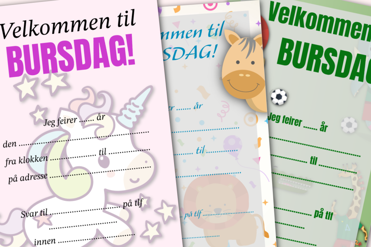 Illustrasjon til Gratis bursdagsinvitasjoner å laste ned og printe – Tre ferdige maler