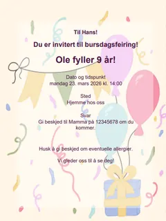 Eksempel på ballong bursdagsinvitasjon for barn