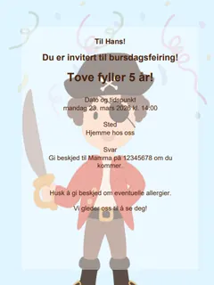 Eksempel på pirat bursdagsinvitasjon for barn