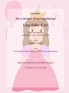 Eksempel på prinsesse bursdagsinvitasjon for barn