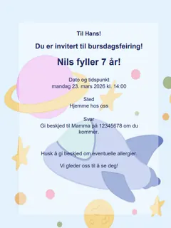 Eksempel på rom bursdagsinvitasjon for barn