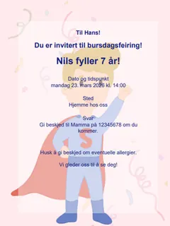 Eksempel på superhelt bursdagsinvitasjon for barn