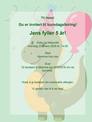 Eksempel på dinosaur bursdagsinvitasjon for barn