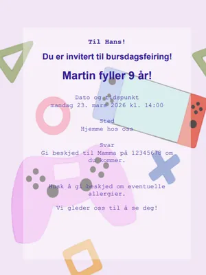 Eksempel på gaming bursdagsinvitasjon for barn