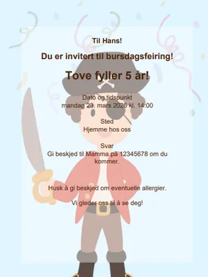 Eksempel på pirat bursdagsinvitasjon for barn