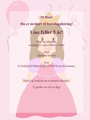 Eksempel på prinsesse bursdagsinvitasjon for barn