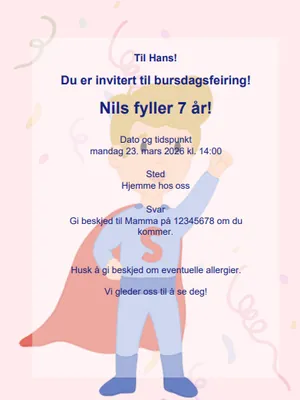Eksempel på superhelt bursdagsinvitasjon for barn