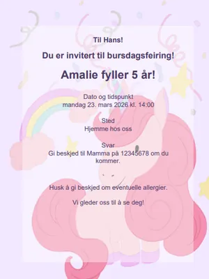 Eksempel på enhjørningsbursdagsinvitasjon for barn